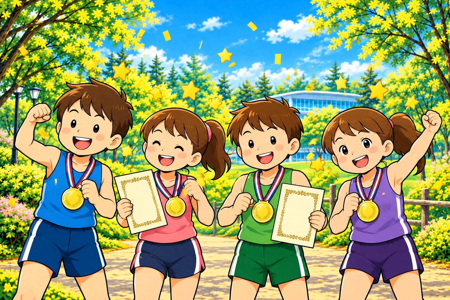 首からメダルを下げ、賞状を持って笑顔で喜ぶ子どもたちのイラスト