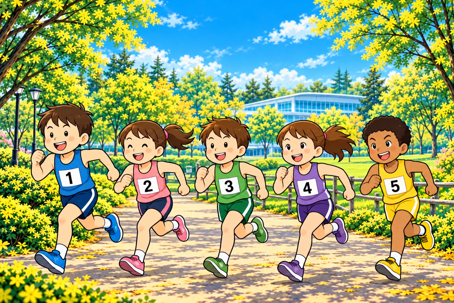 青・ピンク・緑・紫・黄色のウェアを着た5人の小学生ランナーが、公園を元気に走るイラスト