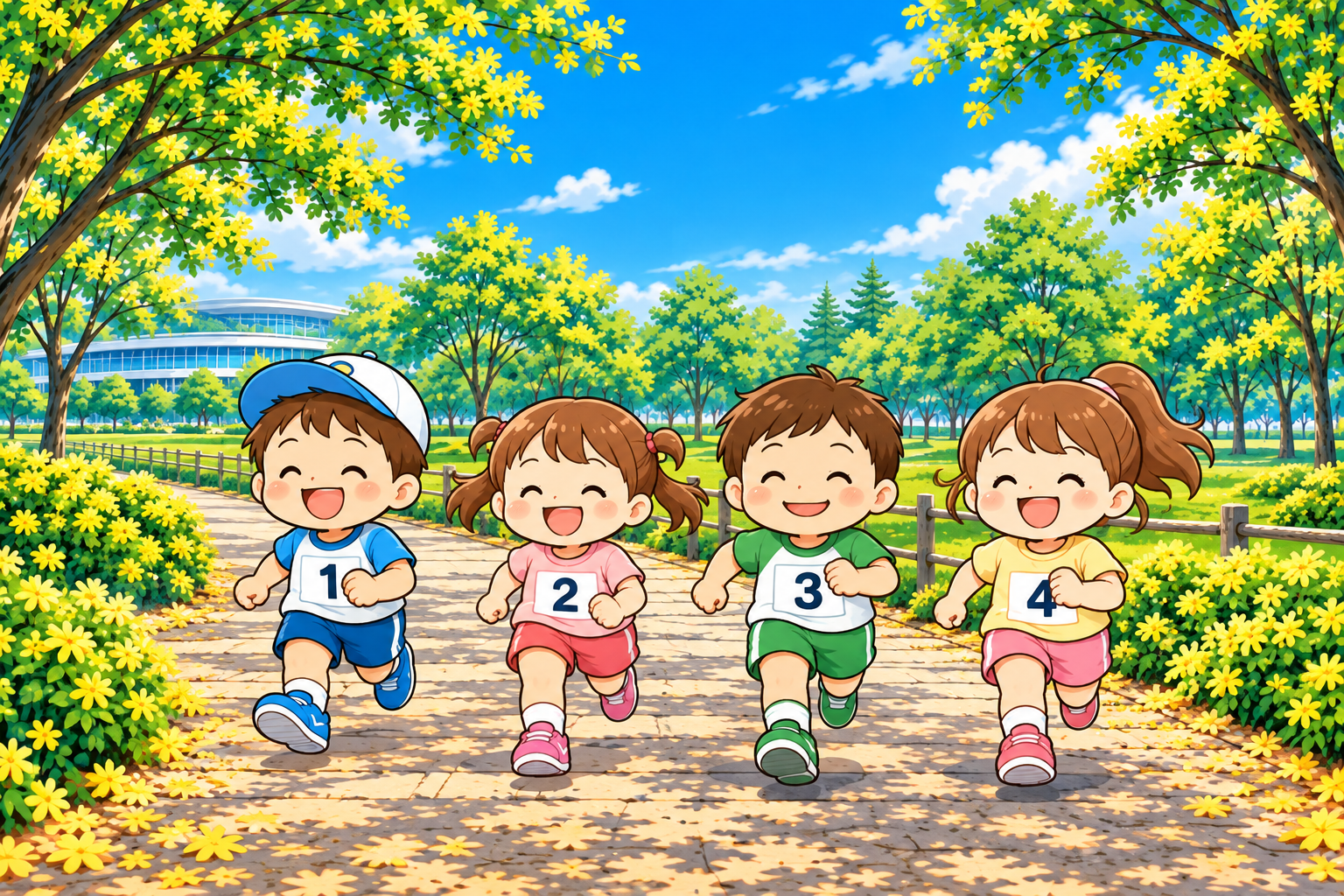 青・ピンク・緑・黄色のウェアを着た4人の小さな子どもたちが、公園を笑顔で走るイラスト